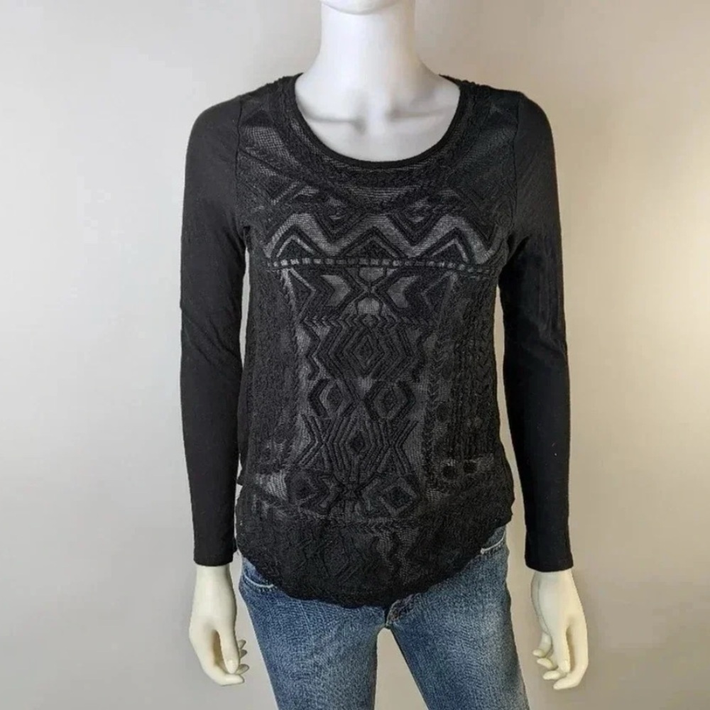 Lucky Brand Women's Black Patterned Long Sleeve Top